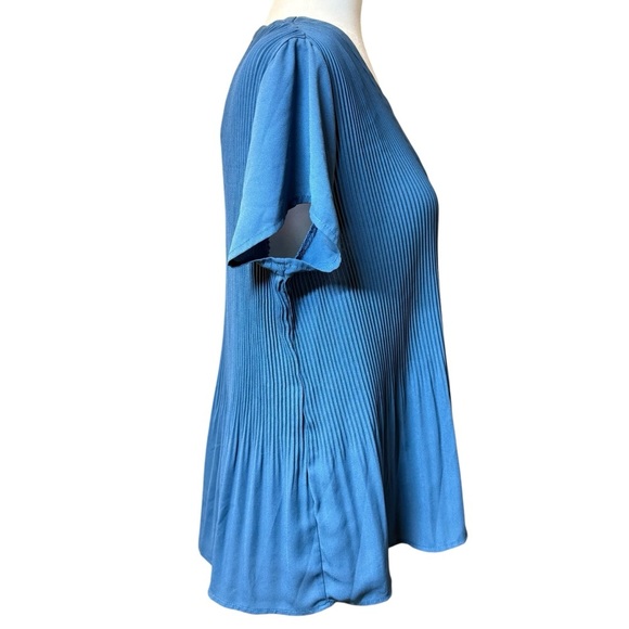 PLEIONE Pleated Tunic Top Blouse‎ Size Small Slate Blue Button Down Short Sleeve - Picture 5 of 12
